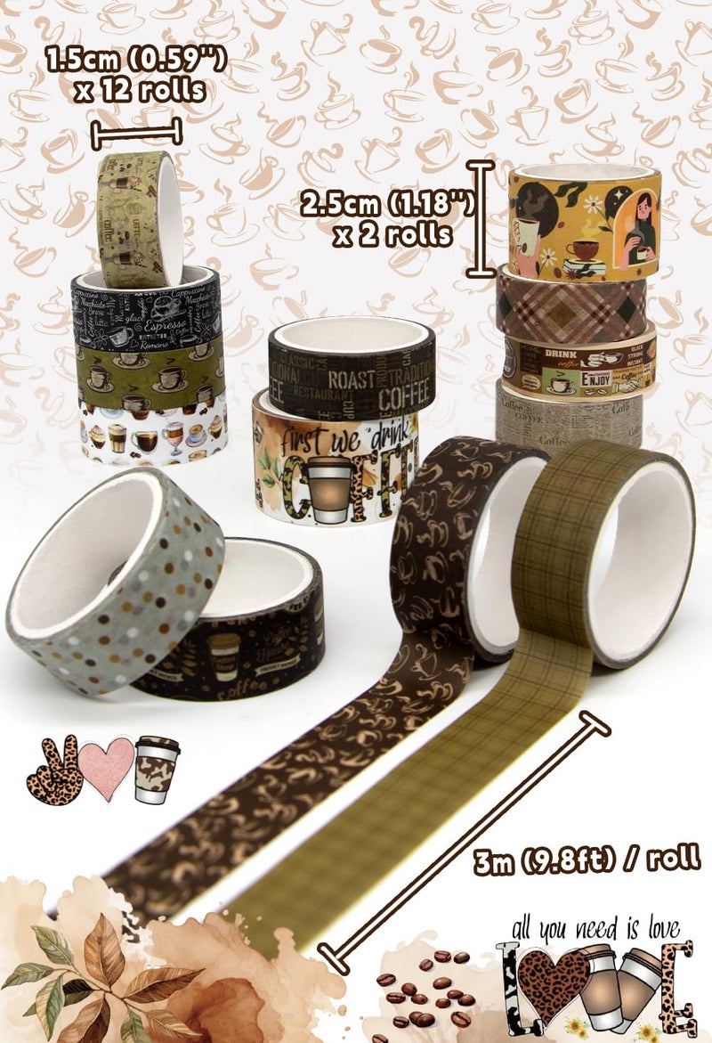 KOVANO Coffee Themed Washi Tape Set, 14 Rolls Vintage Crafts Tape, Art Decorative Tape for Scrapbooking Supplies, Junk Journal, Bullet Journaling, Vision Board Supplies - Image 2